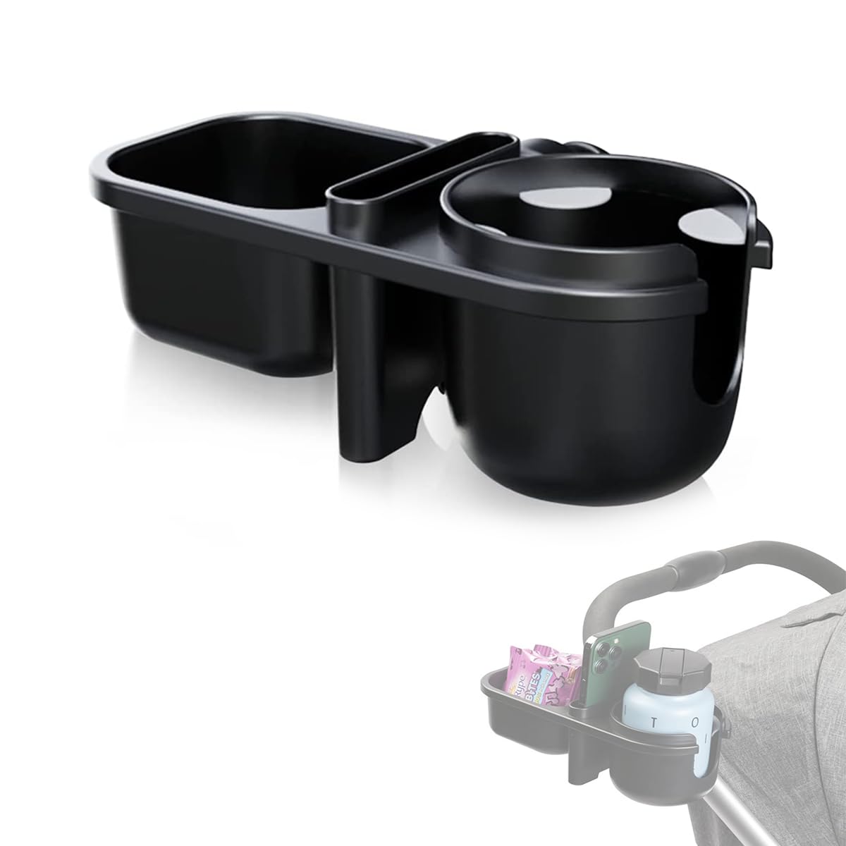 SNOWIE SOFT 3 in 1 Stroller Cup Holder Phone Holder with 2 Hanging Hooks Snack Tray Water Bottle Holder Universal Cup Holder for Baby Stroller, Scooter, Baby Stroller Accessories SNOWIE SOFT 3 in 1 Stroller Cup Holder Phone Holder with 2 Hanging Hooks Snack Tray Water Bottle Holder Universal Cup Holder for Baby Stroller, Scooter, Baby Stroller Accessories